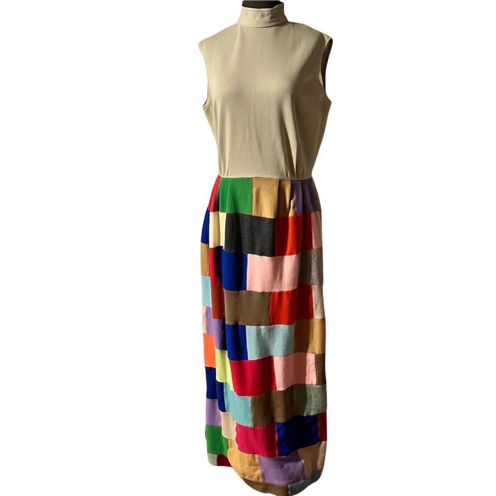Vtg 70s Handmade Patchwork Skirt Mock Neck Boho Maxi Dress